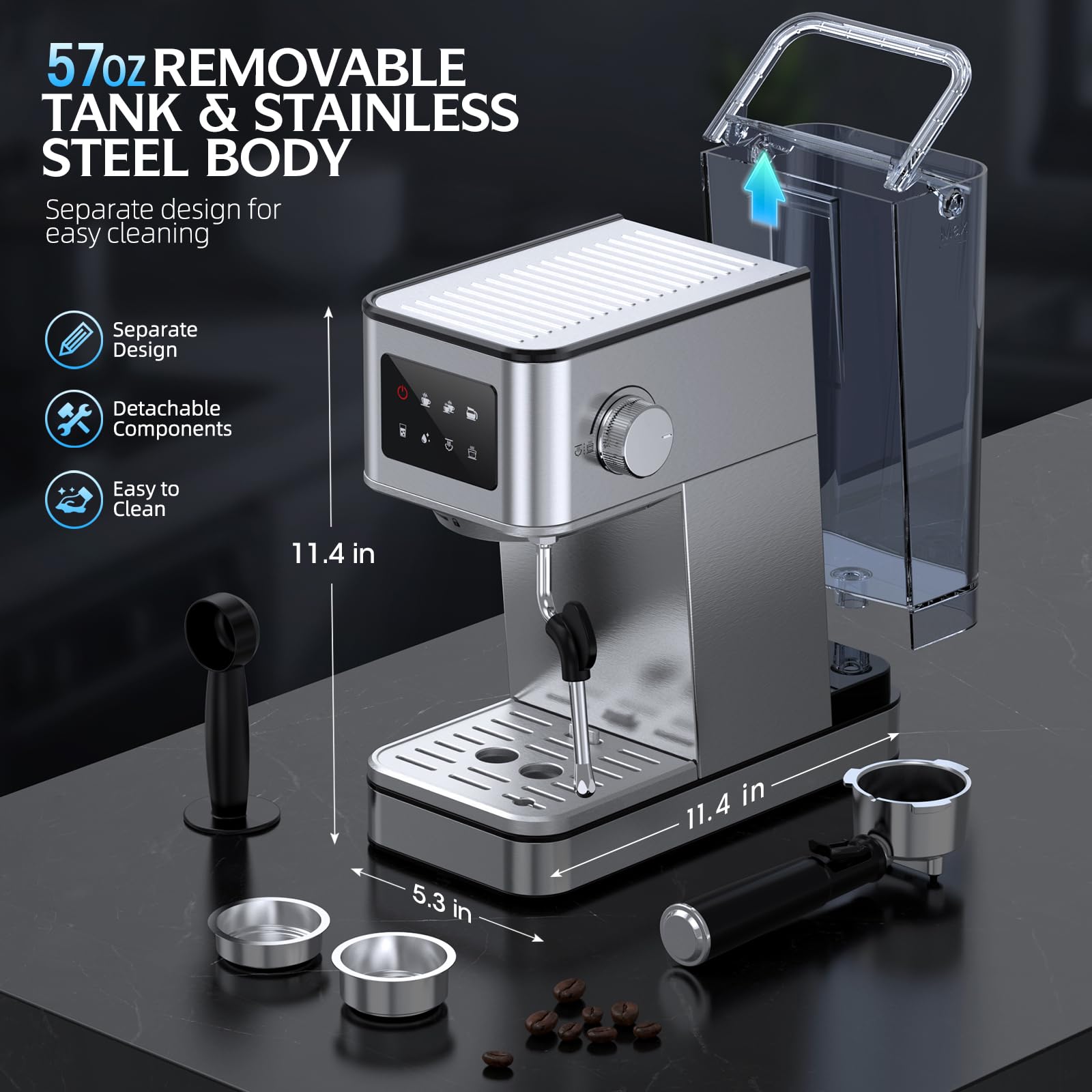 20 Bar Espresso Machine with Milk Frother, Stainless Steel Coffee Maker with Touch Screen & Cold Brew, 45s Fast Heat Small Cappuccino & Latte Machine with 57.5oz Removable Water Tank for Home, Silver — view 7