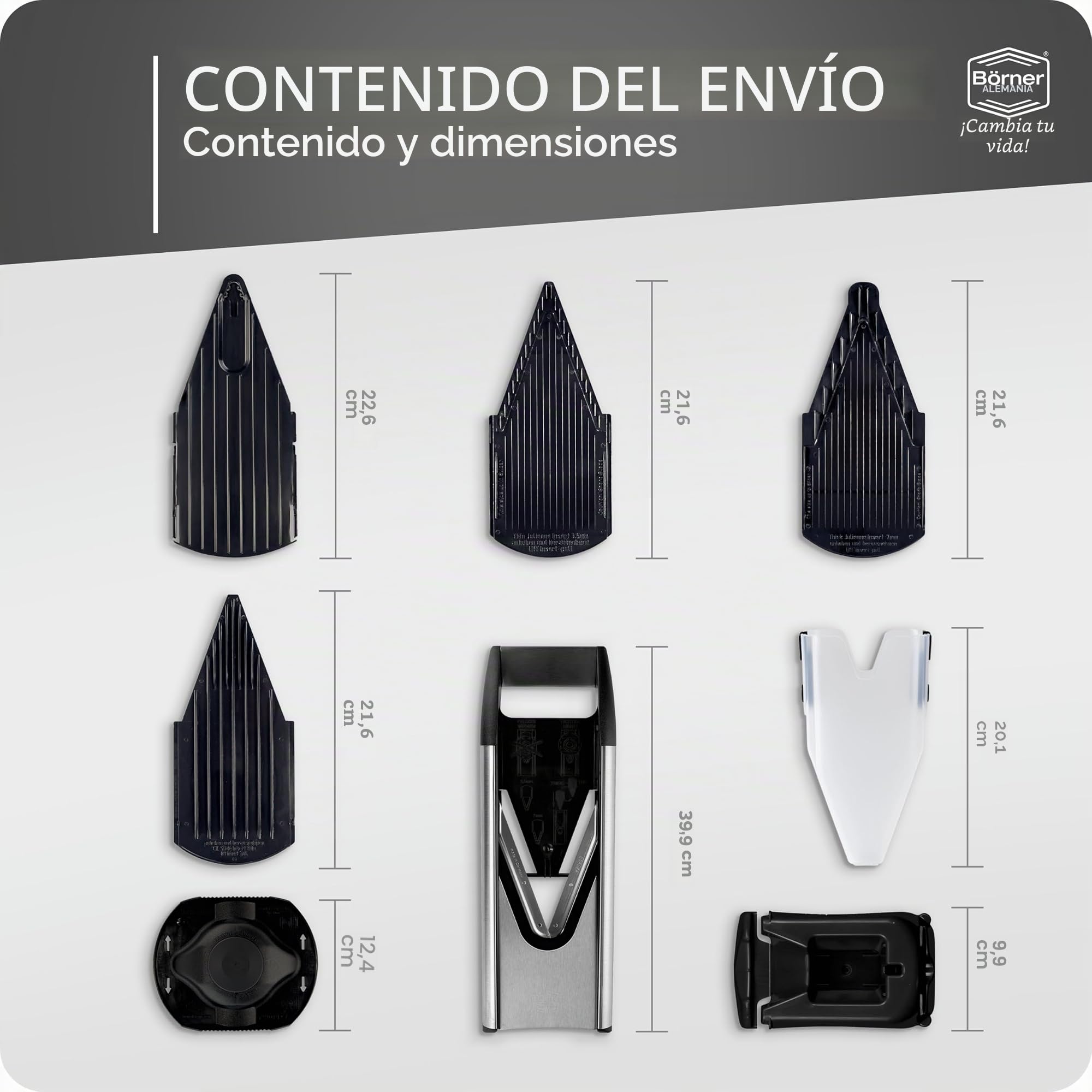 Börner Cortador de Verduras V6 (Set Profesional) • Mandolina Ajustable de Acero Inoxidable con Cuchilla en forma V • Para cortar Rodajas, Tiras Juliana, Cubos en Varios Tamaños • Set Completo