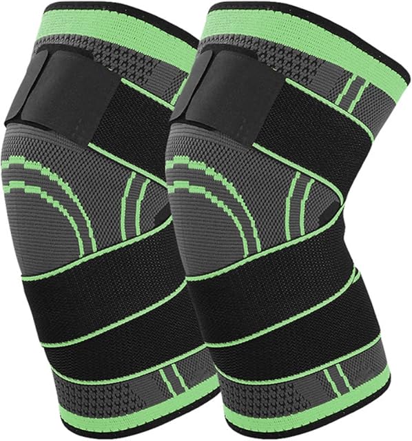 Knee Support Brace 2 Pcs Elastic Nylon Knee Sleeves with Compression Strap for Joint Pain, Meniscus Tear, ACL, Tendonitis, Running, Mountaineering, Outdoor Sports (L, Green)