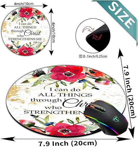 Miniatura 2 de Juego de alfombrillas redondas para mouse y posavasos, Filipenses 4-13 Escrituras inspiradoras con flores de acuarela rojas, alfombrilla de mouse
