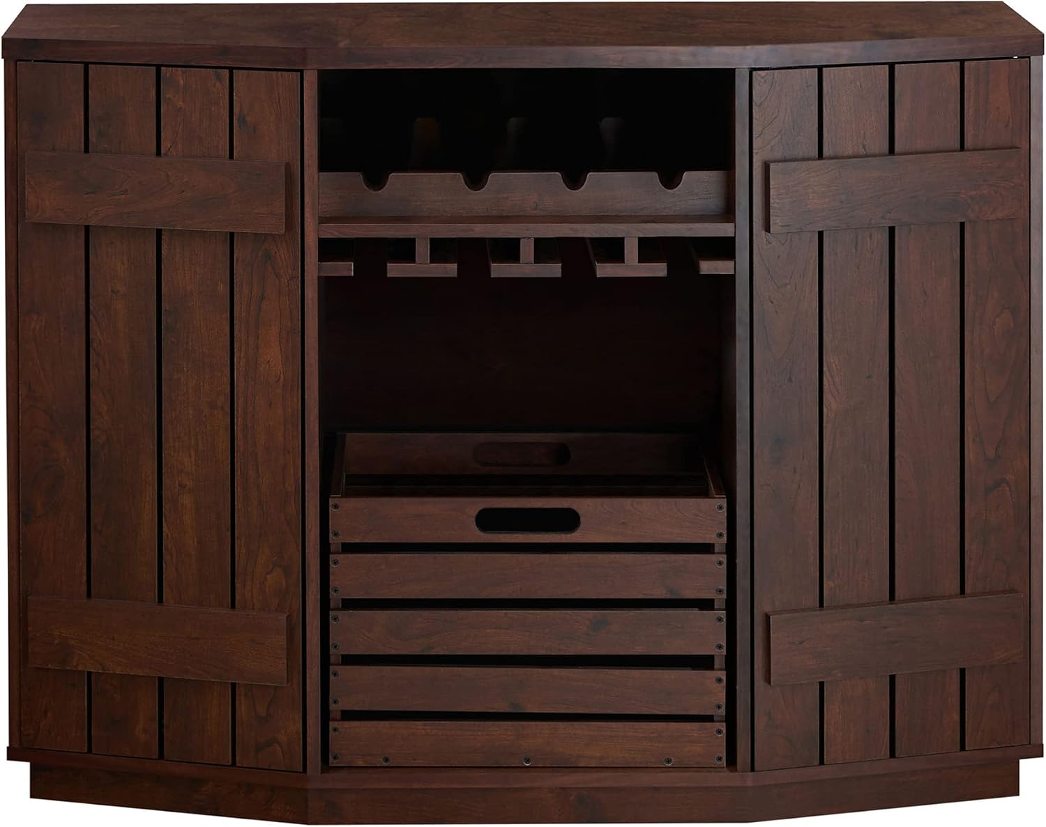 24/7 Shop at Home Marietta Farmhouse 2 Side Cabinets, 3 Shelves 48 in. Buffet with Removable Crate and Four Bottles Wine Rack, Sideboard for Kitchen, Dining Room, Walnut Brown