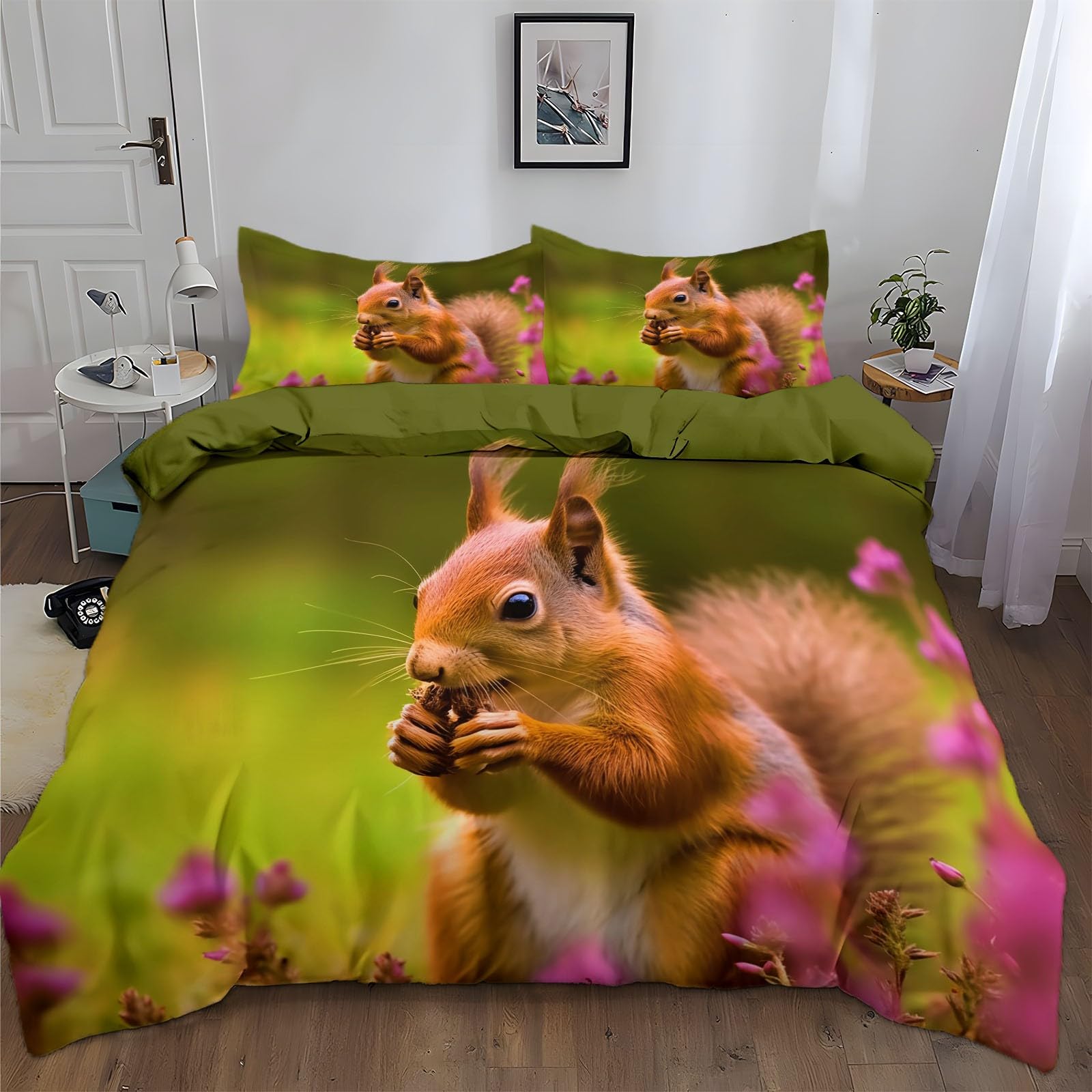 Générique Poszwa na kołdrę Wiewiórka fotografia zwierzęca 160 x 200 cm z 2 poszewkami na poduszki 65 x 65 cm, komplet pościeli oliwkowa zieleń mikrofibra pościel dla 2 osób