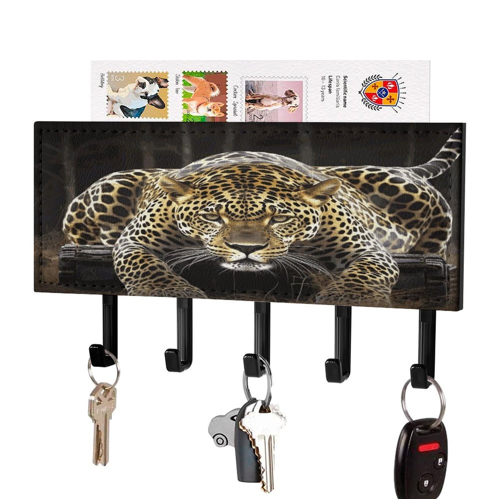 Fekiloot Black-Style Leopard2 Key Holder Wall Mount Key And Mail Holder Key Hanger With 5 Hooks Decorative Pu Key Rack Hanging Key Hooks For Wall Living Room Kitchen Bathroom Hallway
