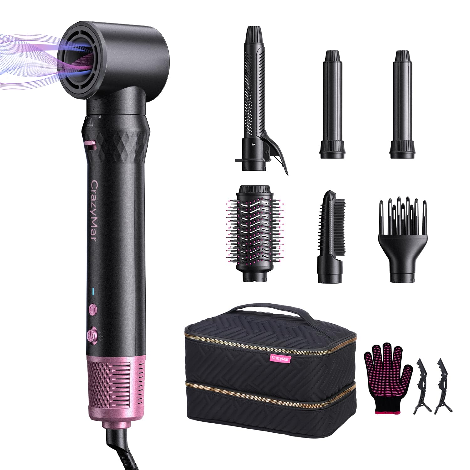 CrazyMar Rundbürstenföhn,7-in-1 Airstyler,Ionen Föhn & Lockenstab,110.000 U/min Warmluftbürste
