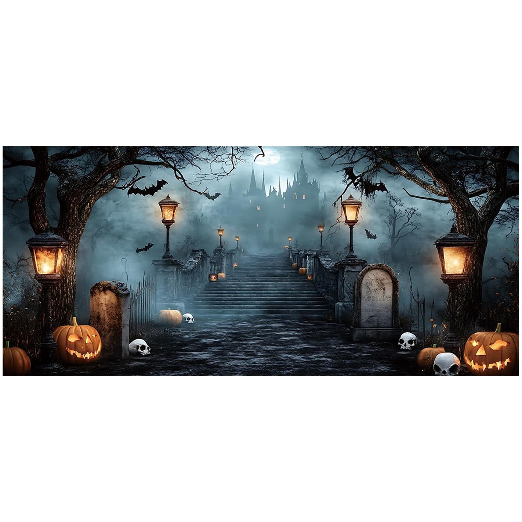 Hbbgdiy Halloween Garage Door Banner 13x6ft, Spooky Graveyard Castle Cover with Grommets, Outdoor Garage Decorations for Halloween Party and Backdrop