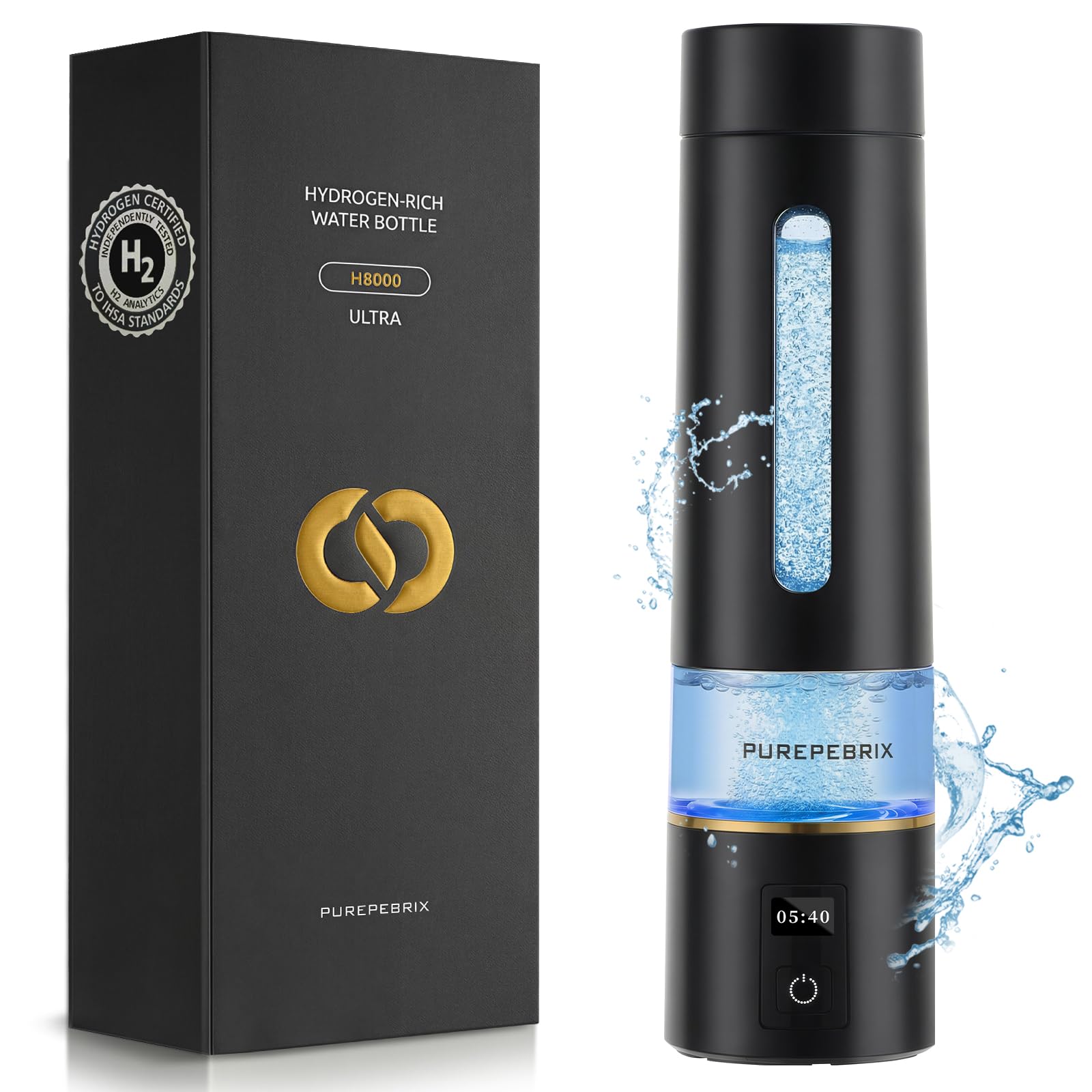 PUREPEBRIX Hydrogen Water Bottle – Up to 8100 PPB H2 Rich Portable Generator with OLED Display – Rechargeable, SPE/PEM Technology, H2 Certified – Ideal for Home, Office, Travel & Fitness (Black)