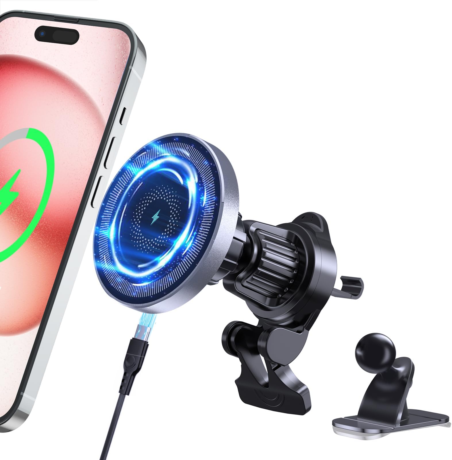 Mohard Draadloze Autolader Houder Automatisch Vastklemmend, Dubbele Spoel en Max 15W Snel Opladen Draadloze Oplader voor Autoluchtrooster Compatibel met iPhone 16/15, Galaxy ZFlip5/S24 etc