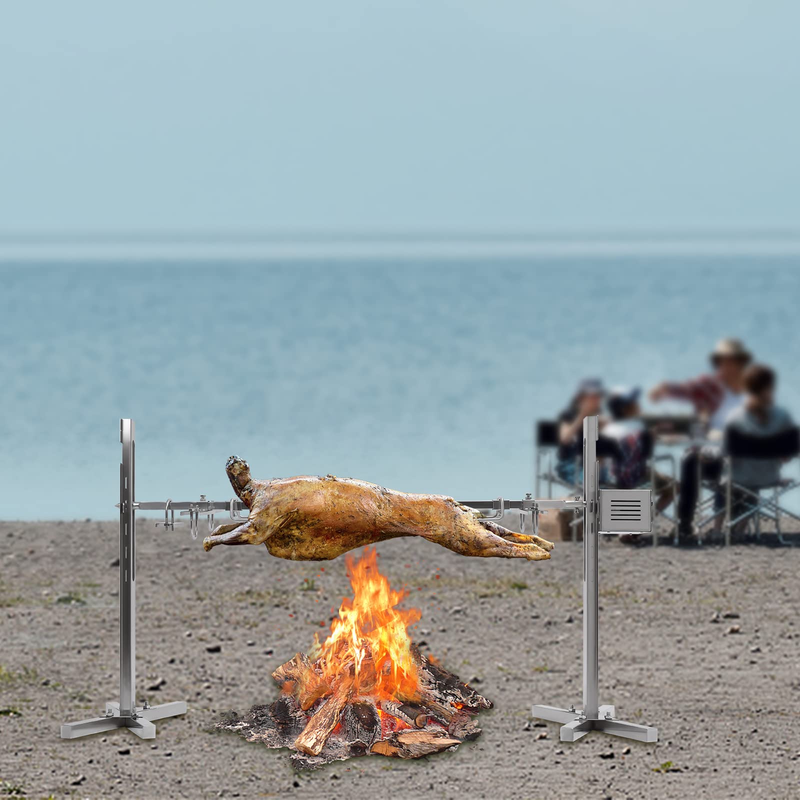 Grill ze stali nierdzewnej Bbq z silnikiem, grill z regulacją wysokości 30 kg, elektryczny rożen 25 W, zestaw na ognisko, kemping i do ogrodu, do mięsa indyka, prosiaka i baranka