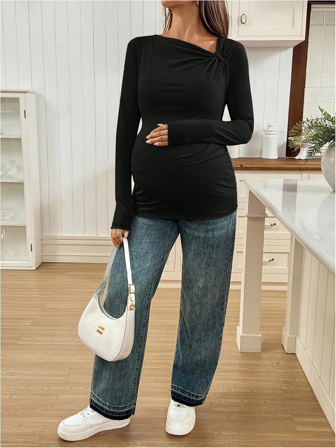SHENHE Women's Maternity T Shirt Long Sleeve Ruched Slim Fitted Fall Pregnancy Tee Top