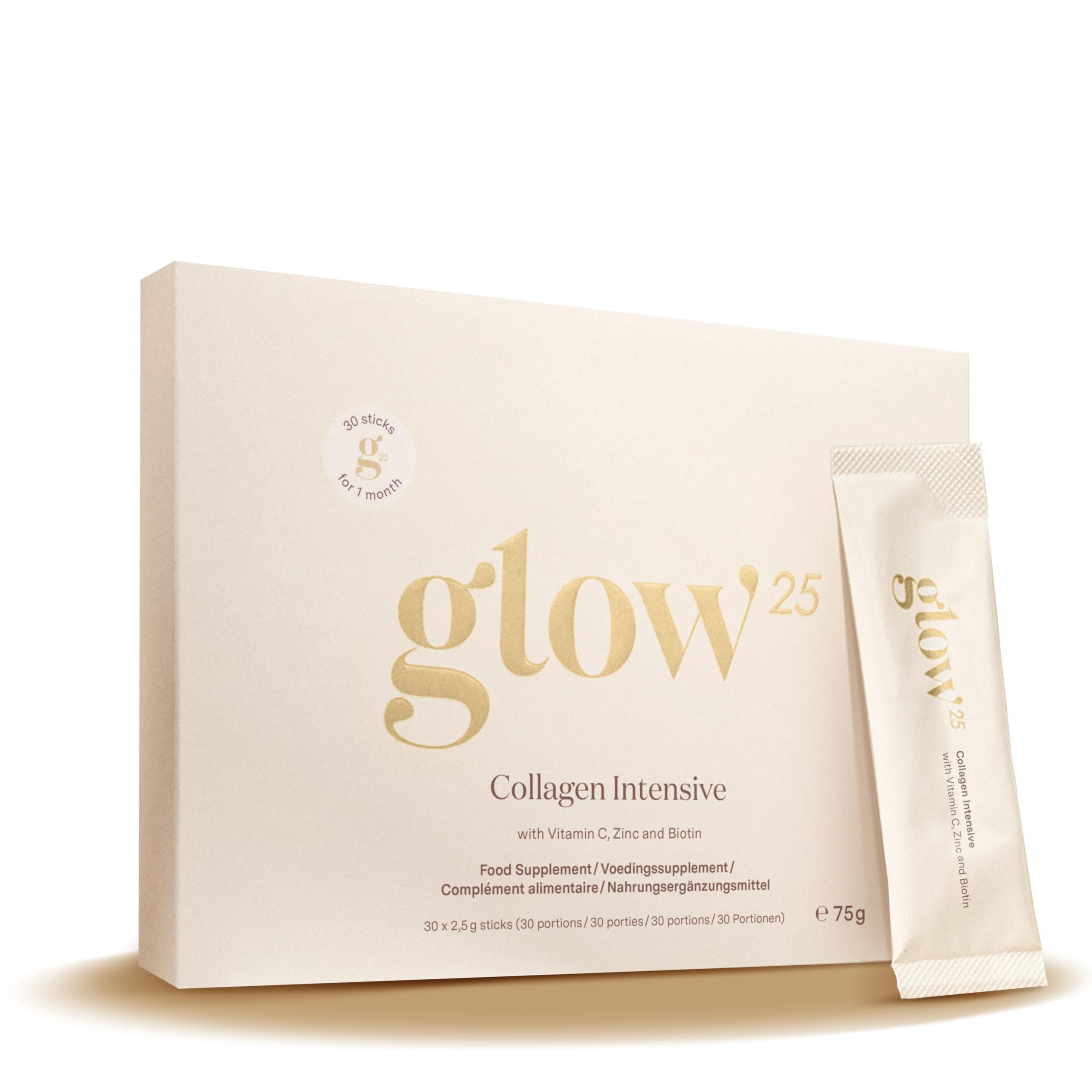 Glow25® Collagen Intensive – marin, tripeptides, vitamine C, zinc, biotine | Collagène intensif avec tripeptides, vitamine C, zinc, biotine – hydrolysat marin – peptides type 1 et 3 – bonne solubilité