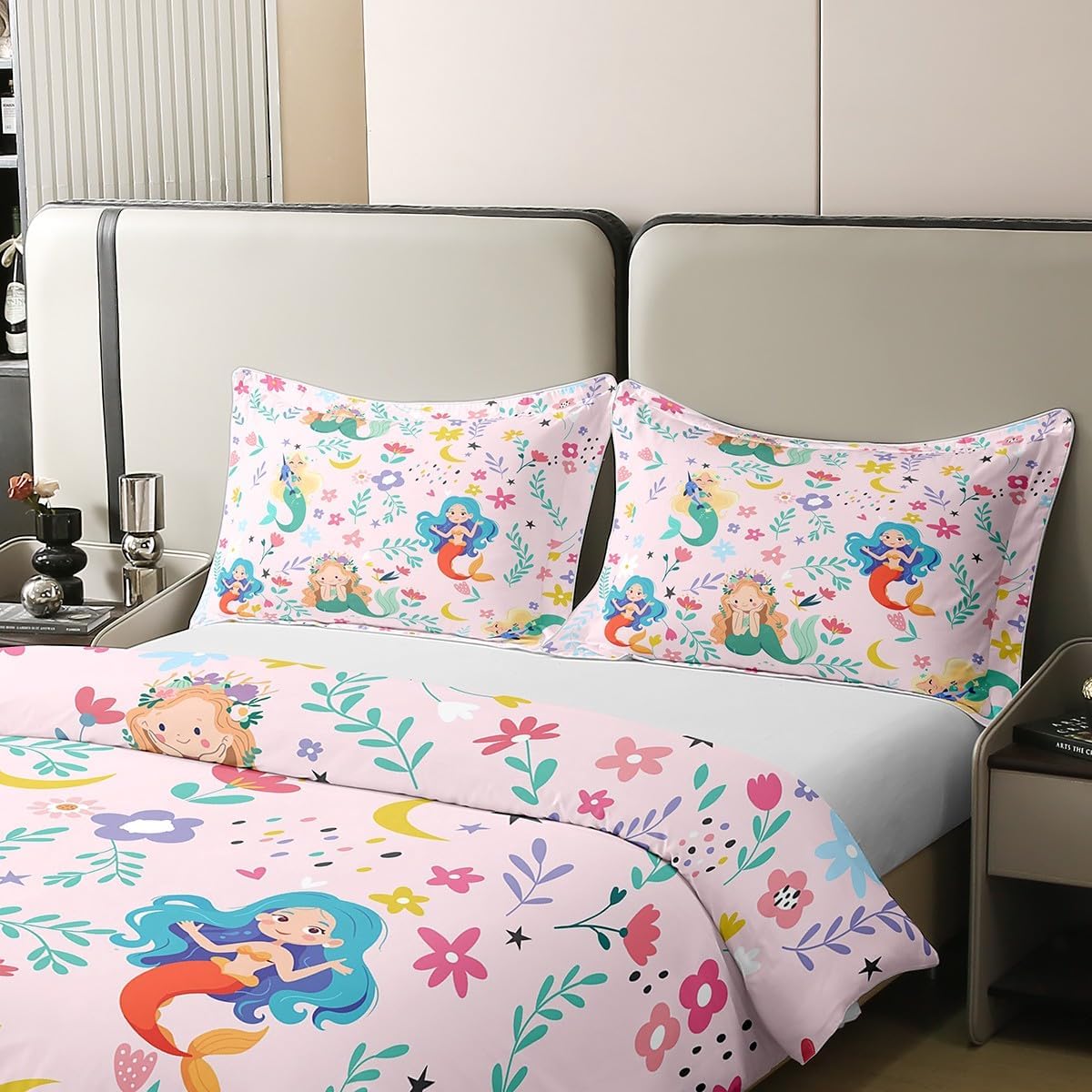 Full Size Comforter Cover Cartoon Mermaid 100% Cotton Bedding Set Kawaii Floral Leaves Duvet Cover for Bedroom Gifts Cute Sealife Animals Pink Bedding Set 3 PCS,Comforter Not Included