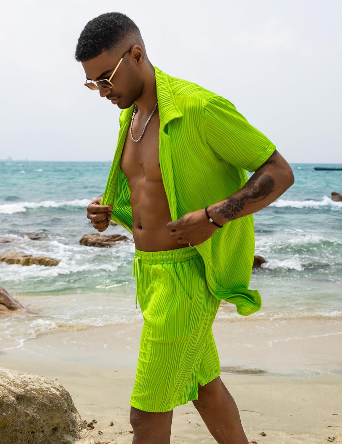 URRU Men's 2 Piece Outfits Short Sleeve Casual Button Down Shirt and Shorts Set - Image 4