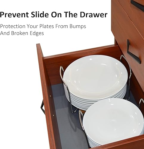 Miniatura 7 de Soporte para platos, pequeño y grande, paquete de 2 unidades para platos de 6 a 13 pulgadas, base redonda de madera marrón café con acero inoxidable