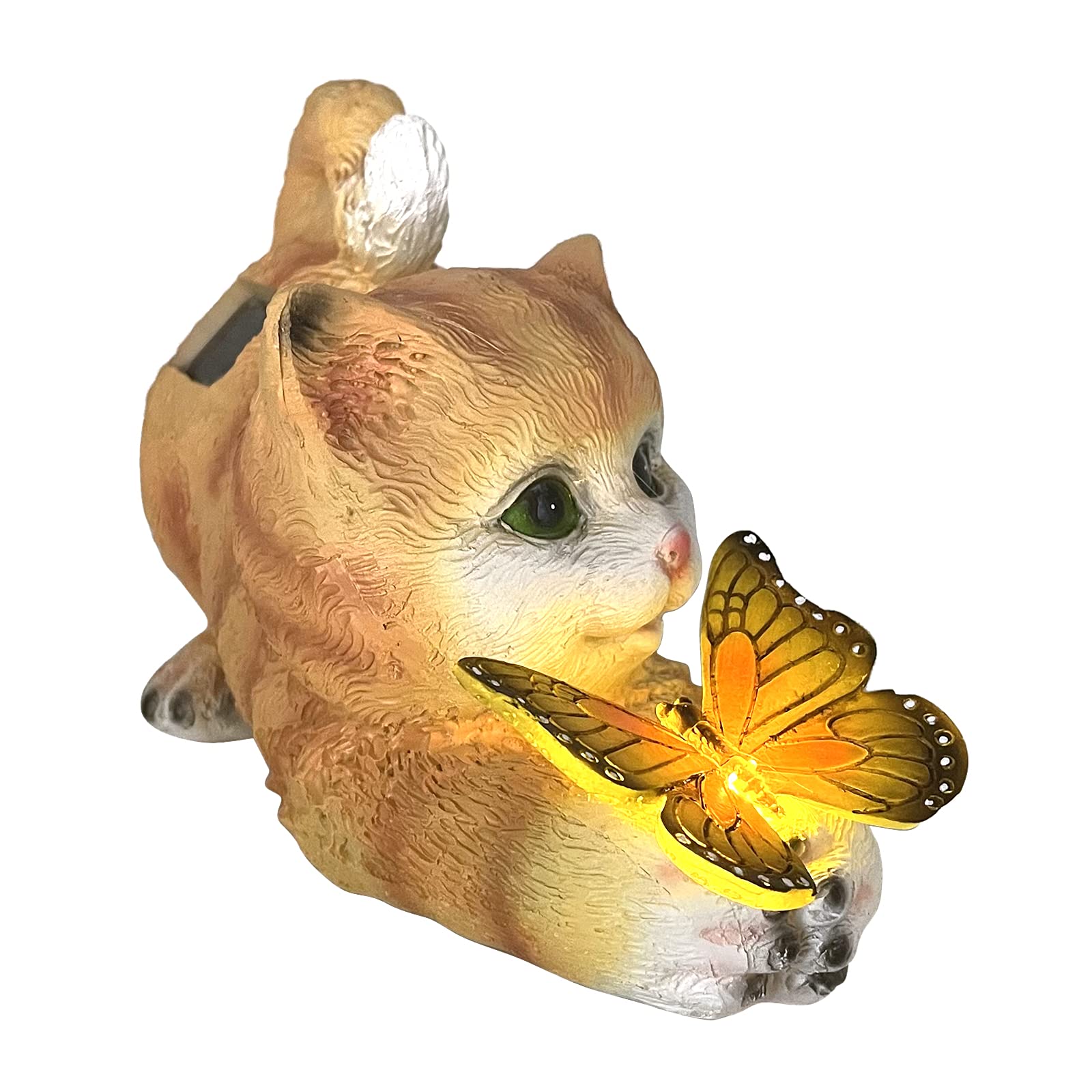 Figura de gato decorativa para jardín, gato, decoración de jardín, mariposas, lámparas solares para exteriores, balcón, diseño de patio lindo, mariposa, adornos de resina (amarillo)