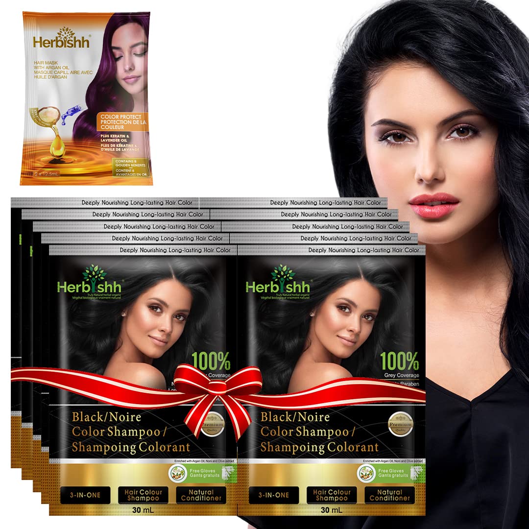 Herbishh Hair Color Shampoo for Gray Hair – Dye Shampoo with Argan Hair Mask – Travel Size Colors in Minutes – Long lasting Colour – 10 pack + 1 pack (Black)