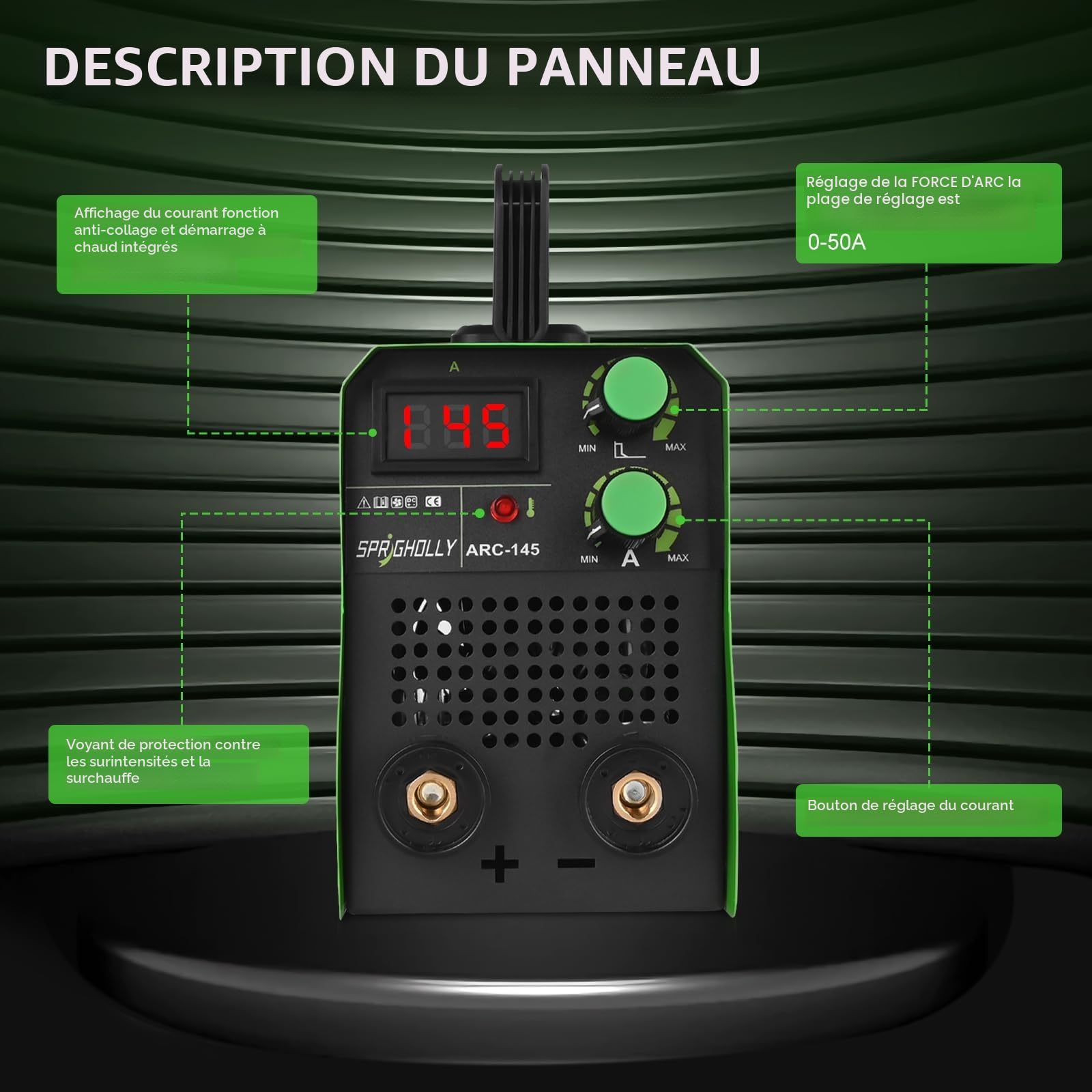 Mini Poste a Souder Inverter 145A IGBT, Poste à Souder ARC Lift TIG, Pince de Terre de Haute Qualité et Affichage LED, Hot-Start & Anti-Stick, Modèle ARC145