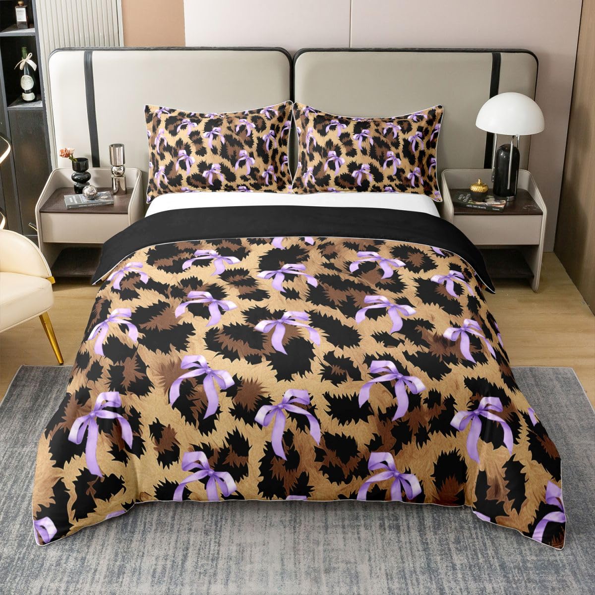 Homewish Bowknot King Size Zestawy Pościeli Leopard Print Coton Poszwa Na Kołdrę Gepard Lampart Poszewka Na Kołdrę Afrykańskie Dzikie Zwierzę Motyw Zestaw Łóżko