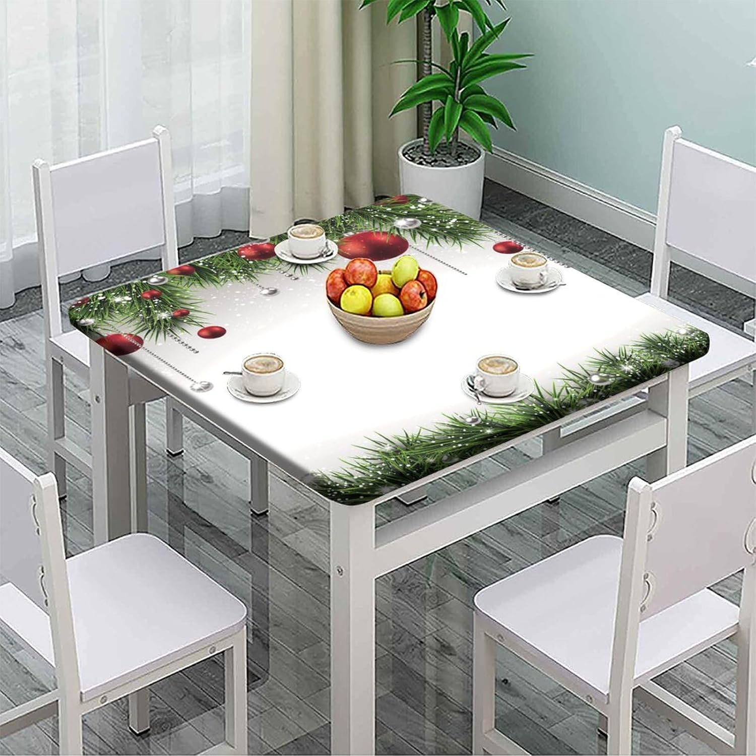 Elastic Edge Fitted Tablecloth, Christmas Pattern Printed on Stain Resistant Polyester Table Cloth, for Indoor Restaurant or Outdoor Patio Party Dining, Fit for 60" x 60"Square Table