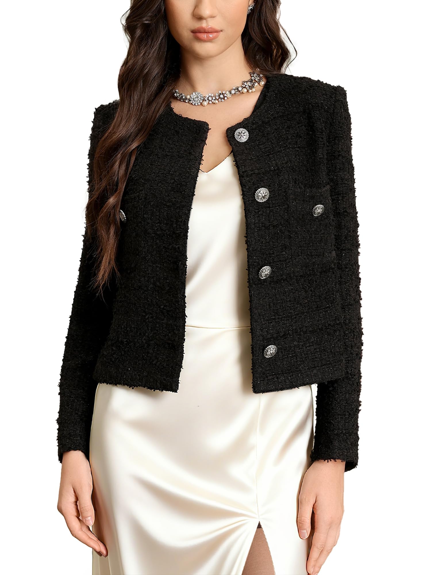 M Infisavo 2025 Women Cropped Tweed Blazer Woolen Boucle Jackets Fall Winter Elegant Business Casual Outfits