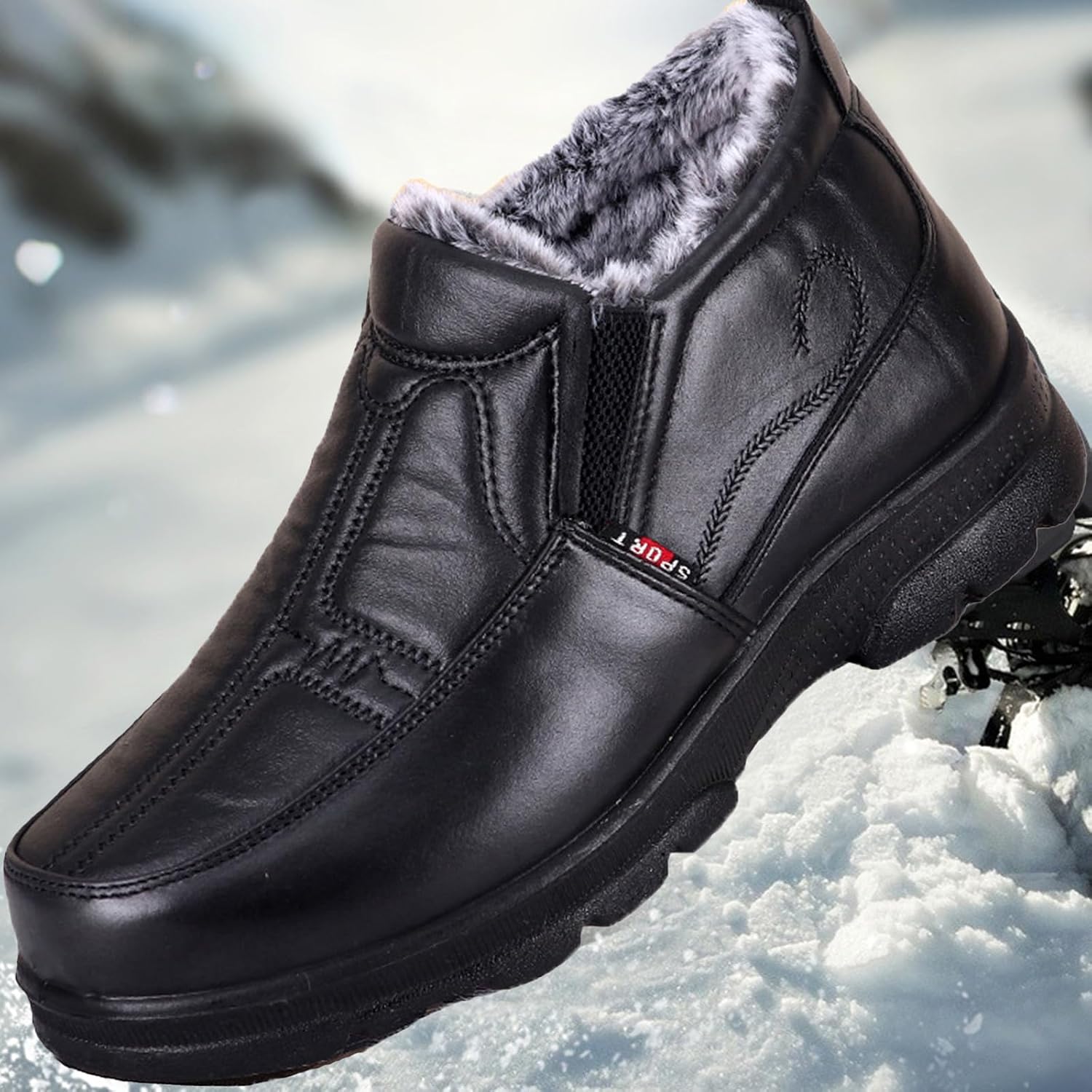 Helenbra Men's Leather Warm Fur Lined Snow Boots Winter Outdoor Anti-Slip Middle-aged and elderly Comfort Slip On Lightweight Casual Walking Loafers - Image 6