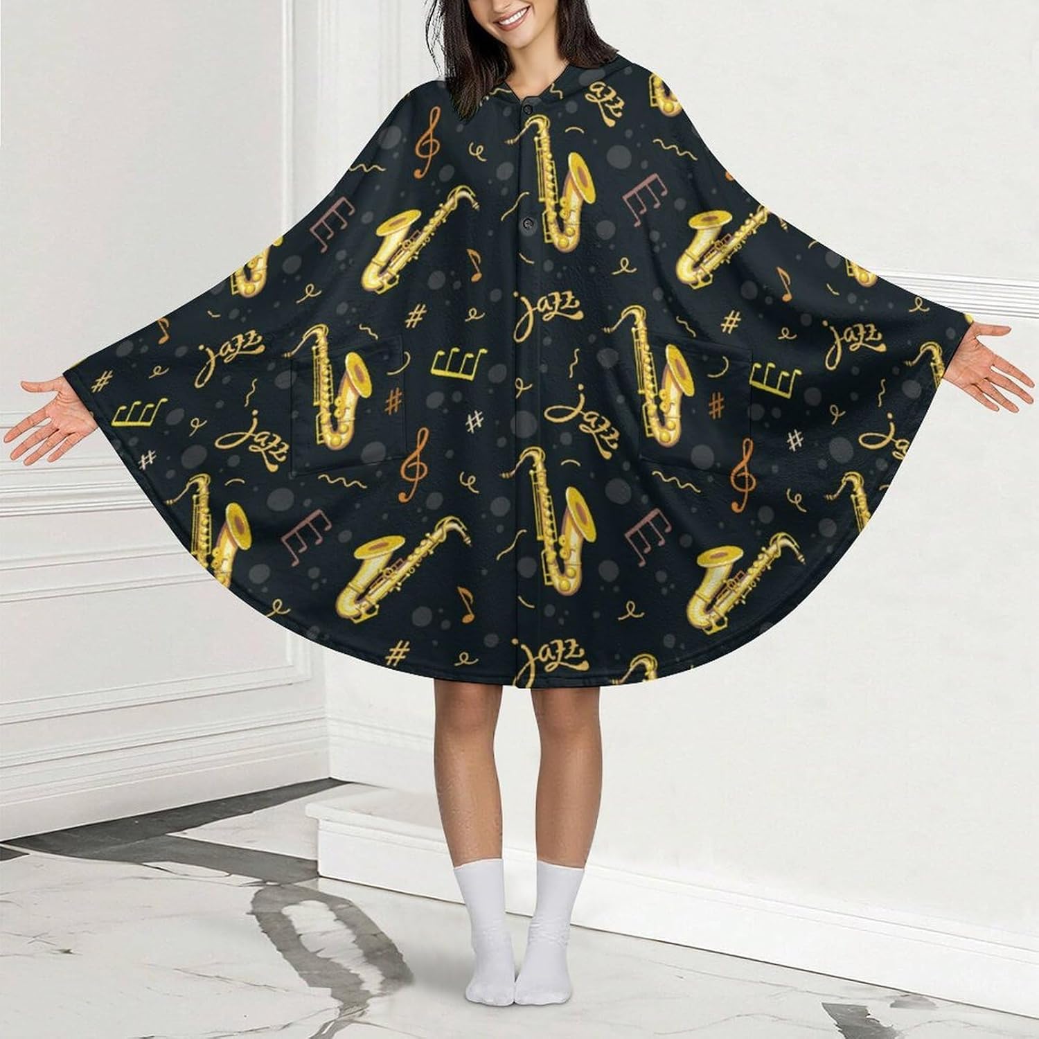 Saxophones Wearable Blanket with Hooded Flannel Blankets Cape with Pocket