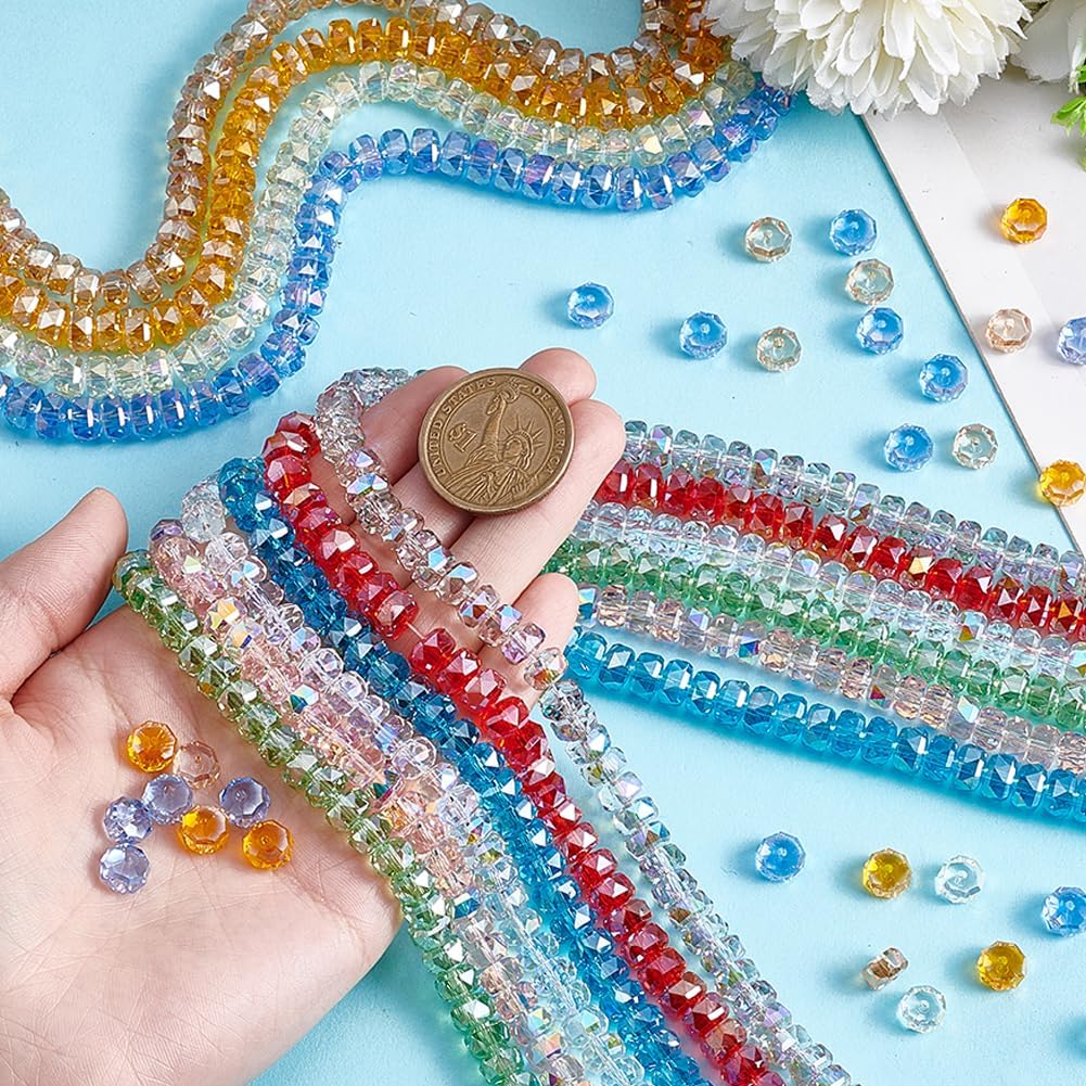 PH PandaHall 200pcs 10 Colors Faceted Beads, 8x5mm Rondelle AB Color Crystal Glass Flat Craft Bead Loose Spacer Beads for Jewelry Making