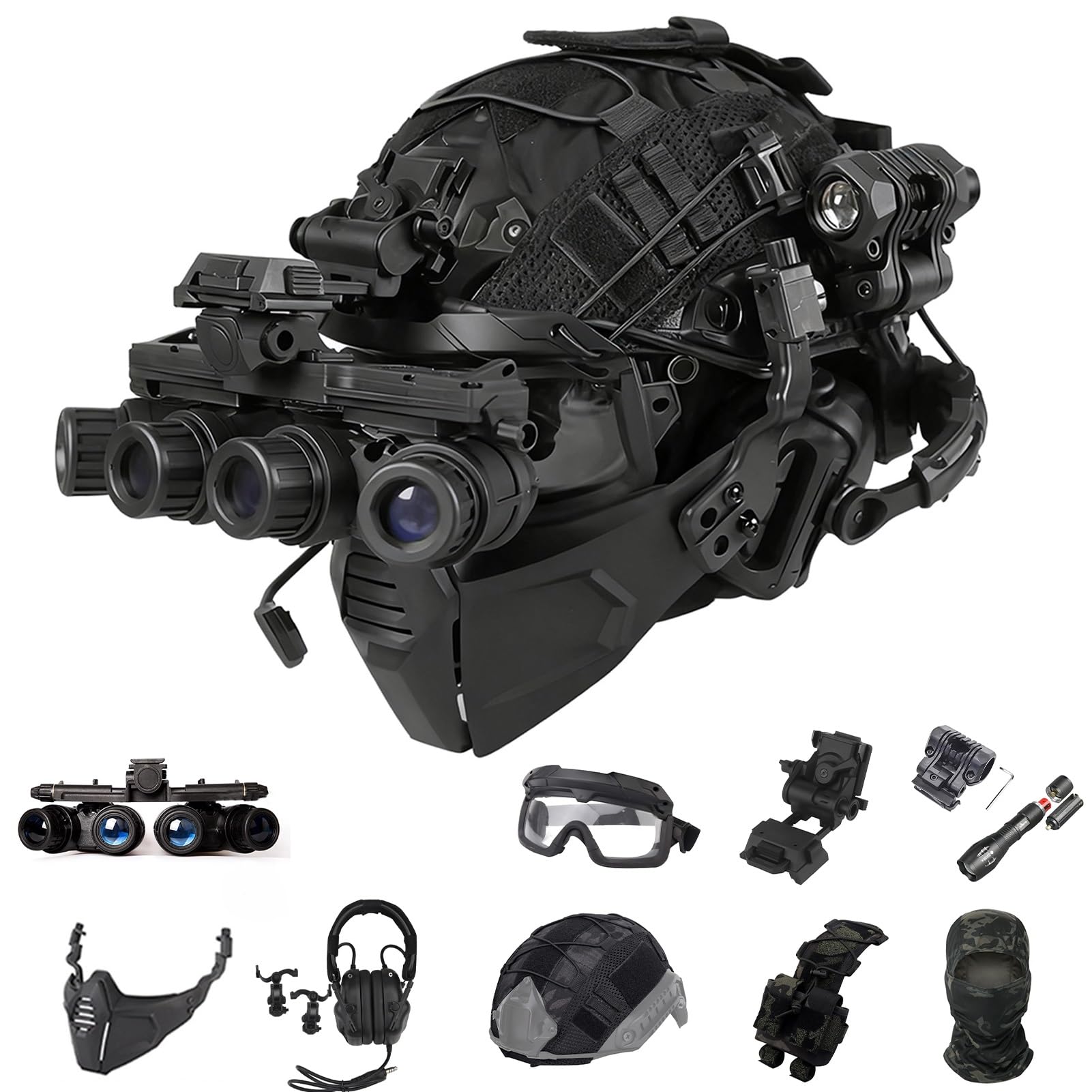Set Casco FAST Airsoft - Modello GPNVG-18 Con Visore Notturno A Quattro Occhi Con Cuffie Militari, Torcia Tattica, Occhiali Protettivi E Maschera Divisa for Caccia, Paintball, Wargame