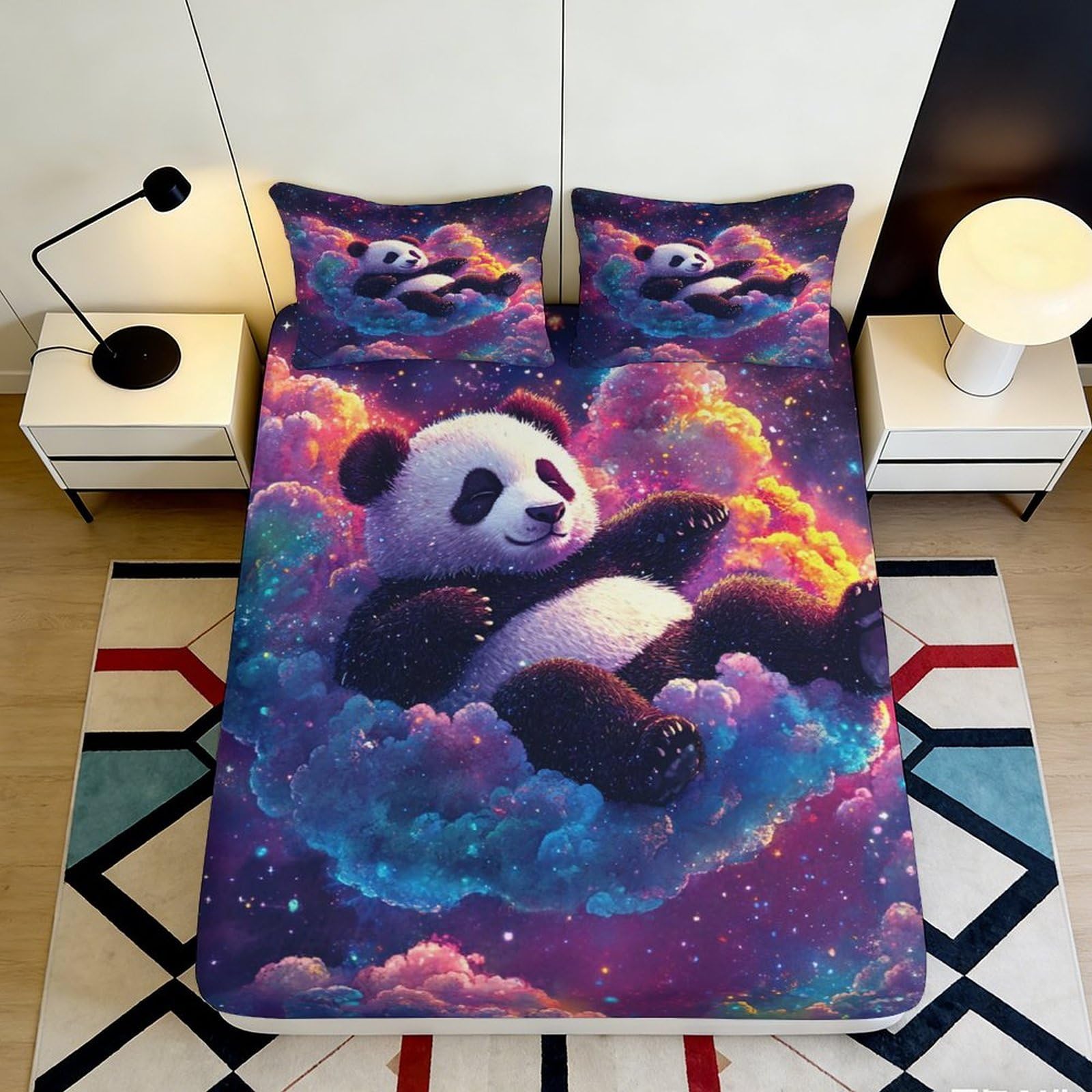 3D Printed Dreamy Panda Galaxy Fitted Sheet Microfiber Soft Colorful Nebula Mattress Cover for Bedroom Dorm Mattress Protection Decor 90x200x25cm
