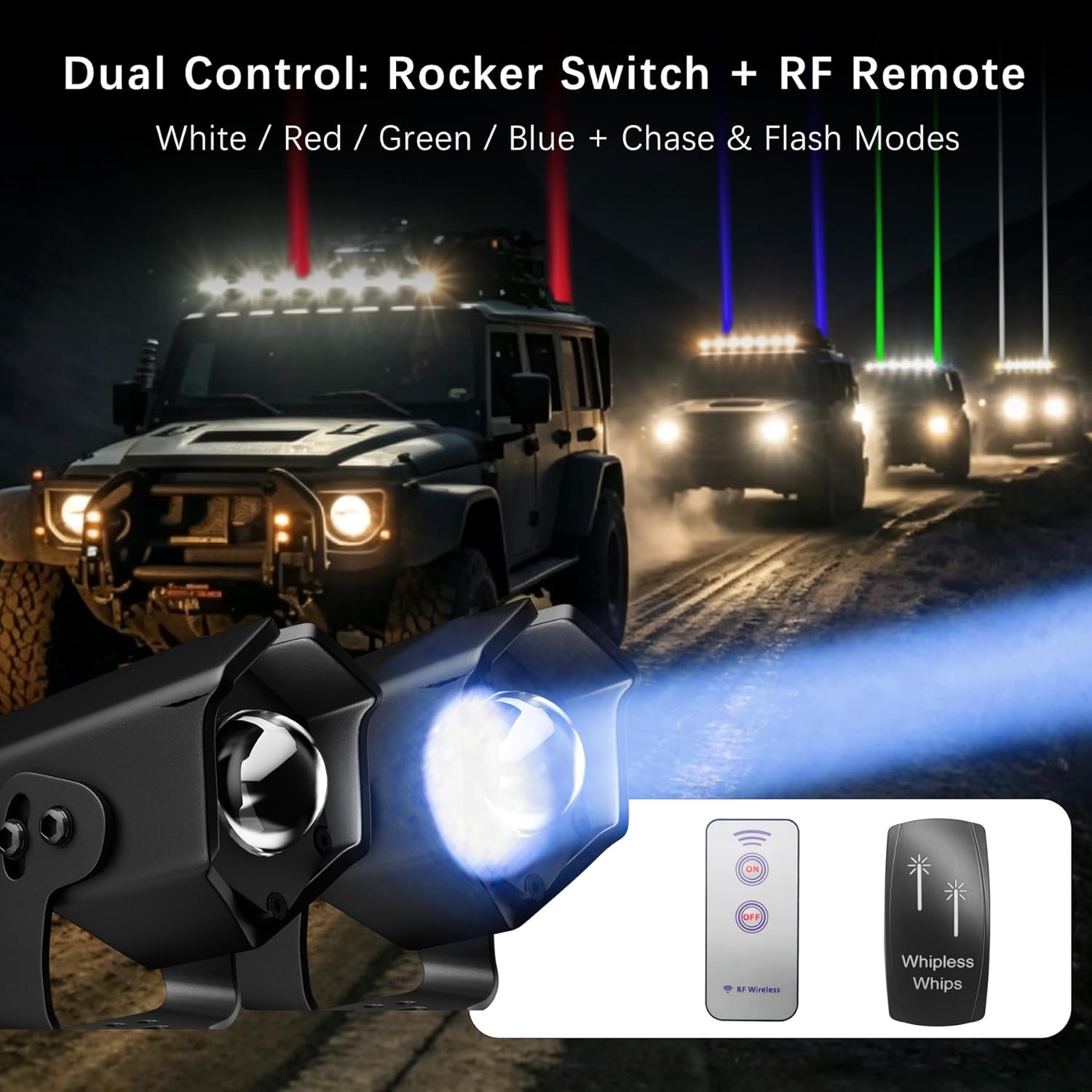 Whipless LED Whip Lights for UTV ATV,IP68 Waterproof RGBW Laser Whip Lights with RF Remote Chasing Light, Brake/Turn Signal, Spring Base, fit Polaris RZR Can-Am Maverick X3 CFmoto Kawasaki SXS Truck
