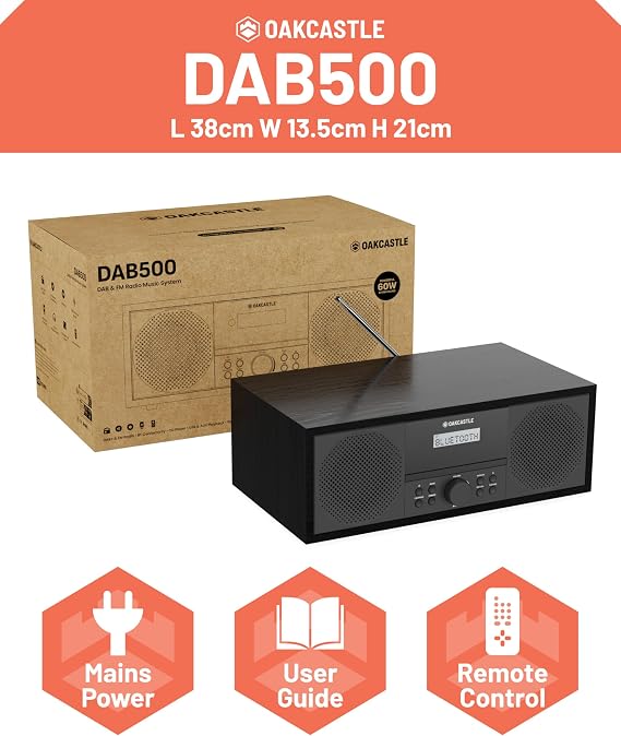 DAB500 CD Çalar, FM ve DAB+Dijital Radyo | Bluetooth, Şebeke Destekli, Stereo Hoparlörler, USB, MP3, AUX, Kulaklık Jakı, Özel EQ, Uzaktan Kumanda | Oakcastle DAB Radyo ve CD Çalar | Radyo CD Çalar