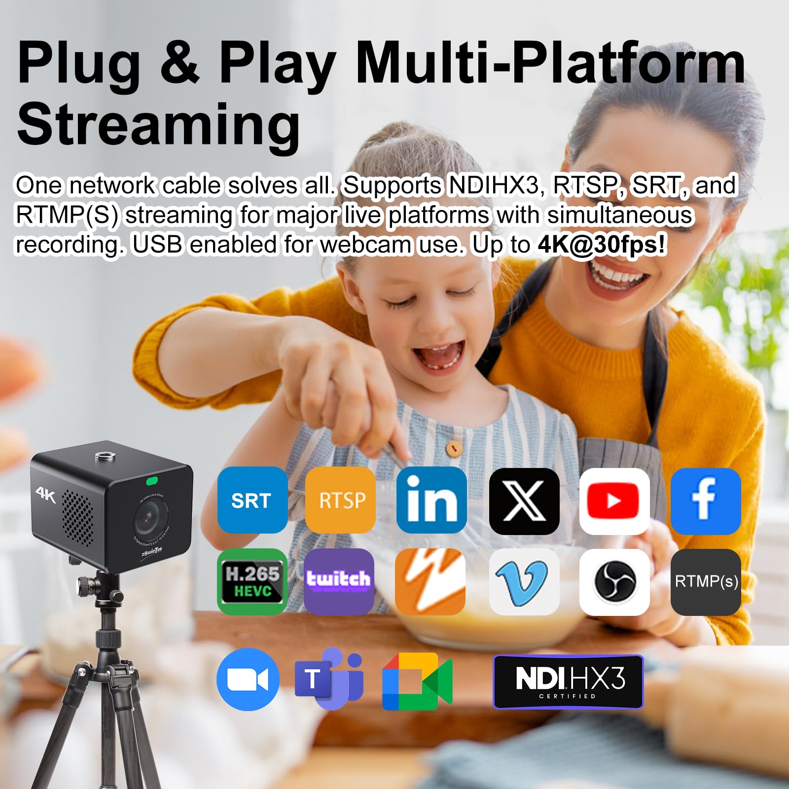 zowietek Kamera 4K POV z zoomem NDI|HX3, ZowieCam, automatyczne ustawianie ostrości, wyjście SDI, HDMI i UVC, 3-krotny zoom optyczny, kompaktowy rozmiar, mobilne elastyczne sterowanie, zasilanie PoE