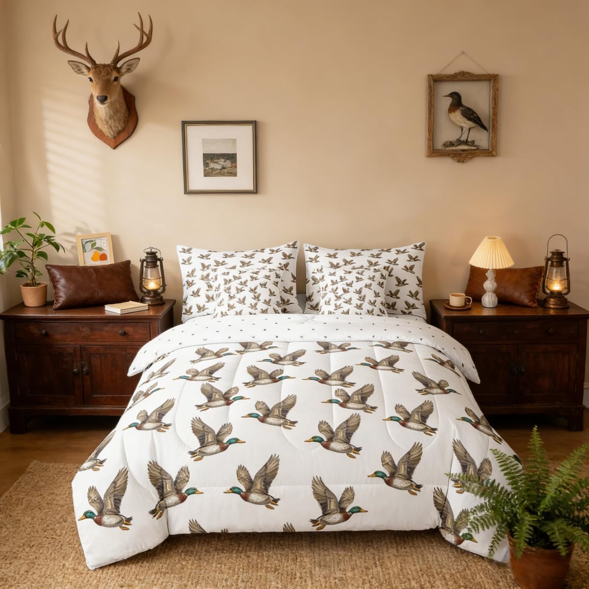 Erosebridal Cute Mallard Duck Queen Comforter Set for Kids Wild Duck 7 Piece Bedding Set Hunting and Fishing Bed in A Bag for Girls Boys Teens Adult Bedroom Rustic Farmhouse Animal Bed Sets