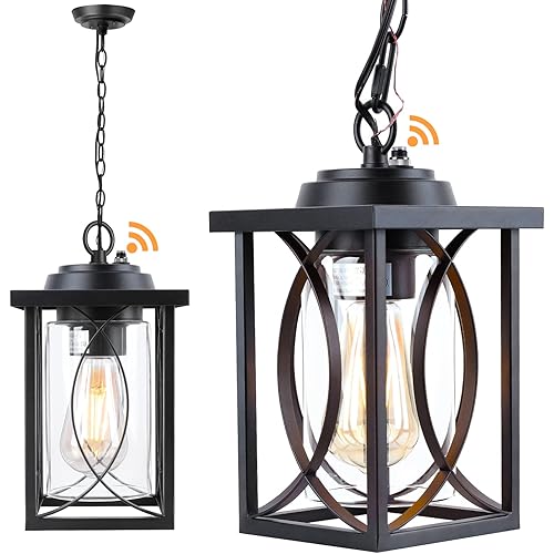 Outdoor Pendant Light for Porch with Dusk to Dawn Sensor, Outdoor Hanging Light Fixture Exterior Lantern Anti-Rust Metal with Clear Glass Shade and Adjustable Chain for Front Door Foyer Entryway