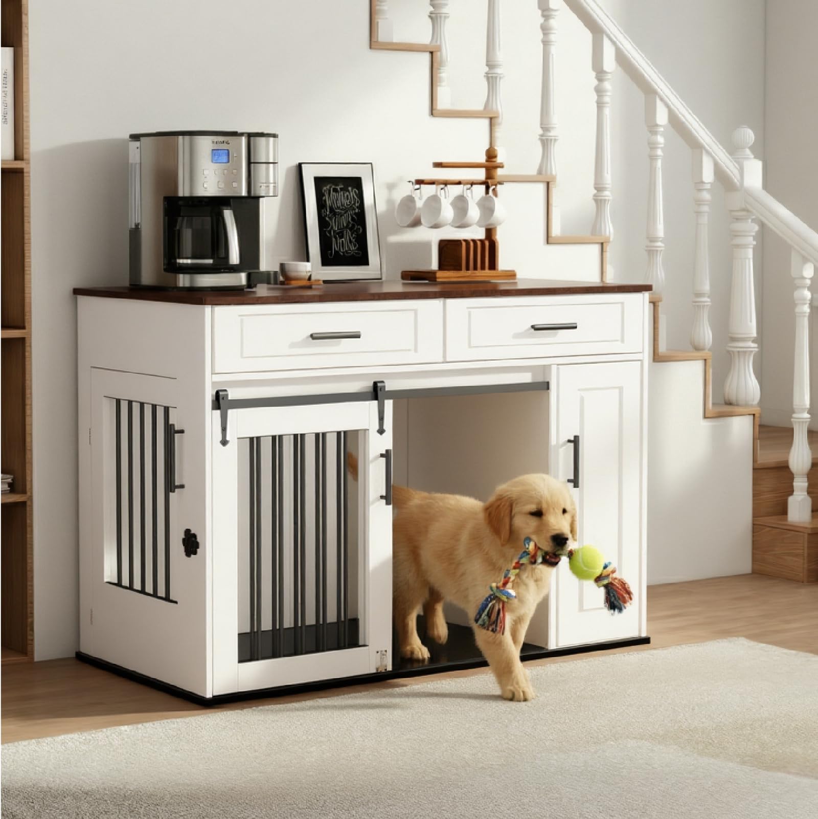 Möbelstil Hundebox, Holzbox mit Schiebetüren, Hundehütte mit 2 Schubladen und Lagerung Schrank, 2-türige Hundekiste für mittelgroße/große Hunde, Indoor Tierhaus, Weiß