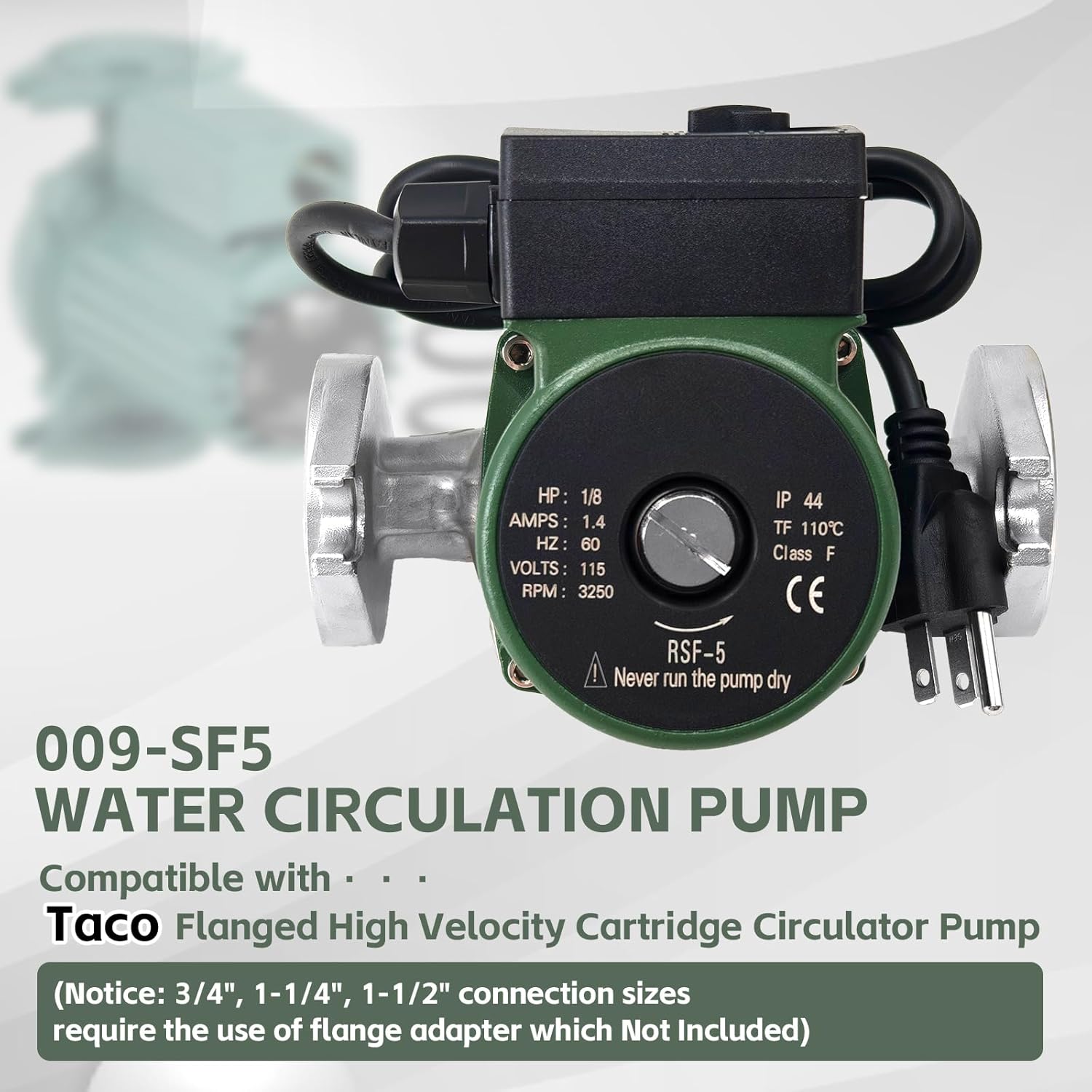 009-SF5 009SF5 Water Circulating Pump Fits for Taco Flanged High Velocity Cartridge Circulator Pump 1/8 HP 115V 3250RPM 10GPM 150Psi