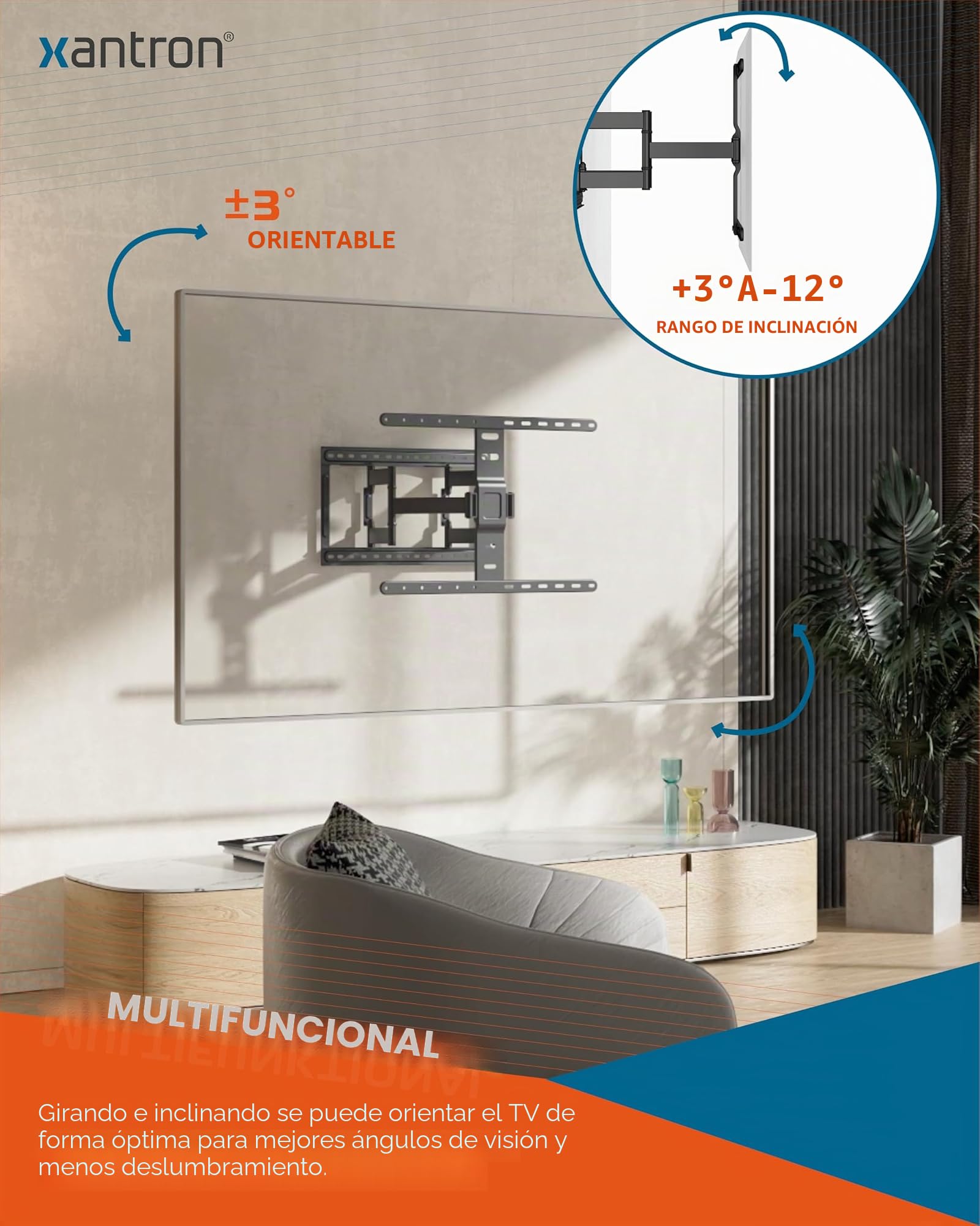 Xantron Slim Fit SLIMLINE-466US - Soporte de pared para TV (orientable, incluye accesorios, solo 27 mm de distancia a la pared, 43-90 pulgadas y VESA hasta 600 × 400, soporte ultra delgado para