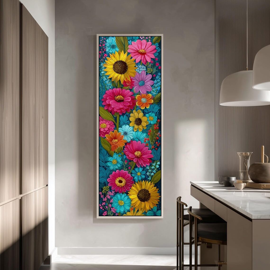 XINBAO Sztuka na płótnie, pionowy obraz kwiatowy, wysoki wąski kolorowy wystrój ogrodu, nadruk kwiatowy ludowy, obraz botaniczny (70 x 210 cm)