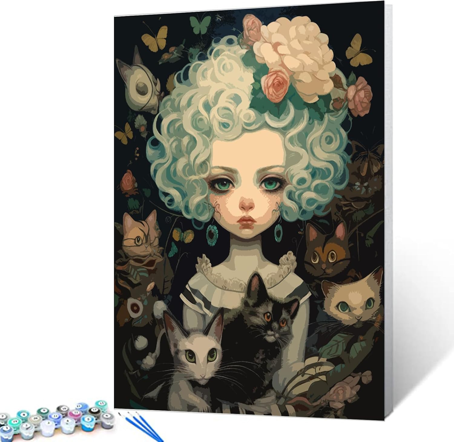 Curly-haired Doll and Her Cat DIY Oil Paint by Numbers for Adults Beginners Without Frame Cool Dolls Painting by Number on Canvas with Brushes and Acrylic Pigment for Home Decor Gift 16 x 20inch