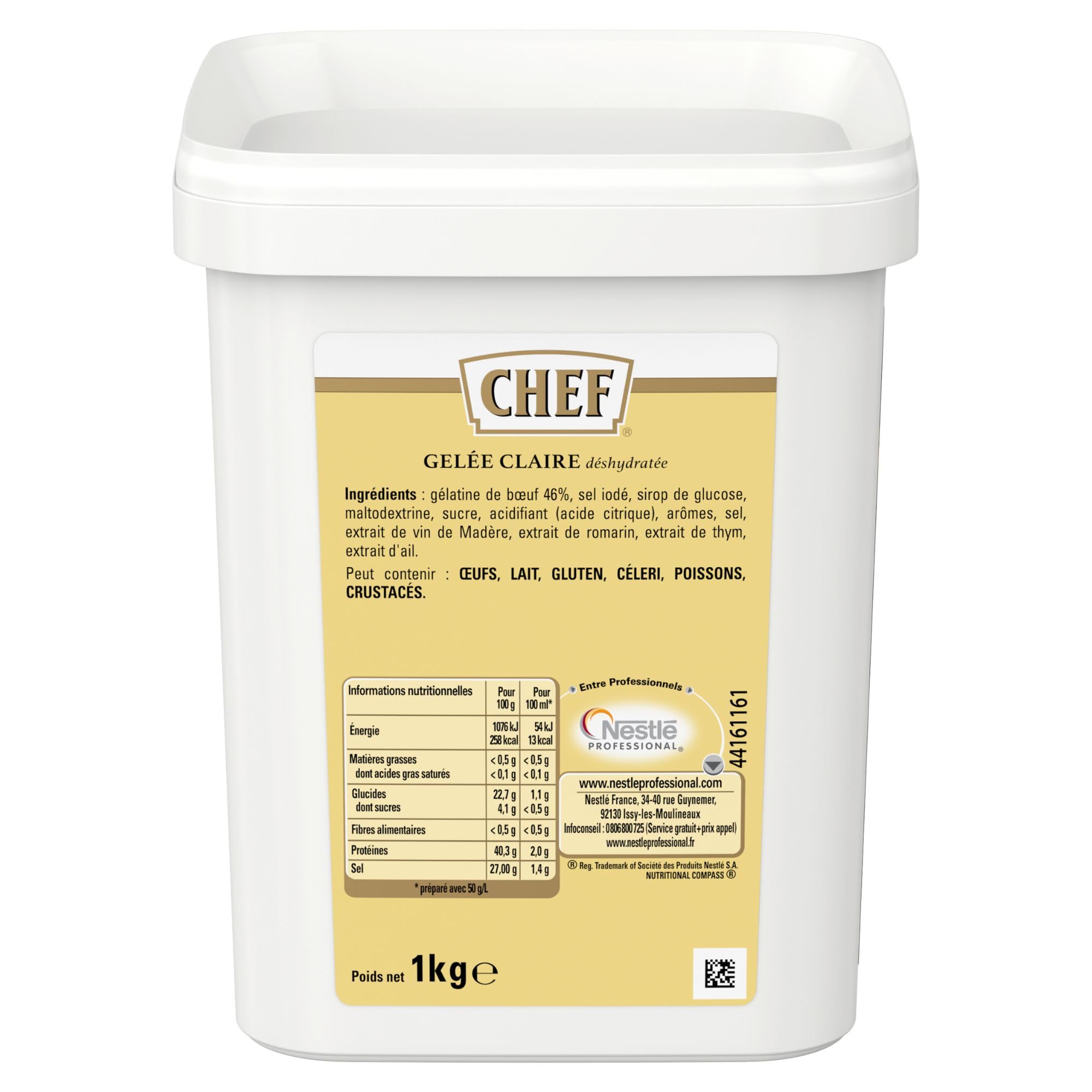 CHEF Gelée Claire Déshydratée - Pour Gelée, Nappage, Décor - A Base de Gélatine de Bœuf 46% - Gain de Temps en Cuisine - Aide Culinaire, Fonds, Fumet, Sauce - Boîte de 1kg pour 20L