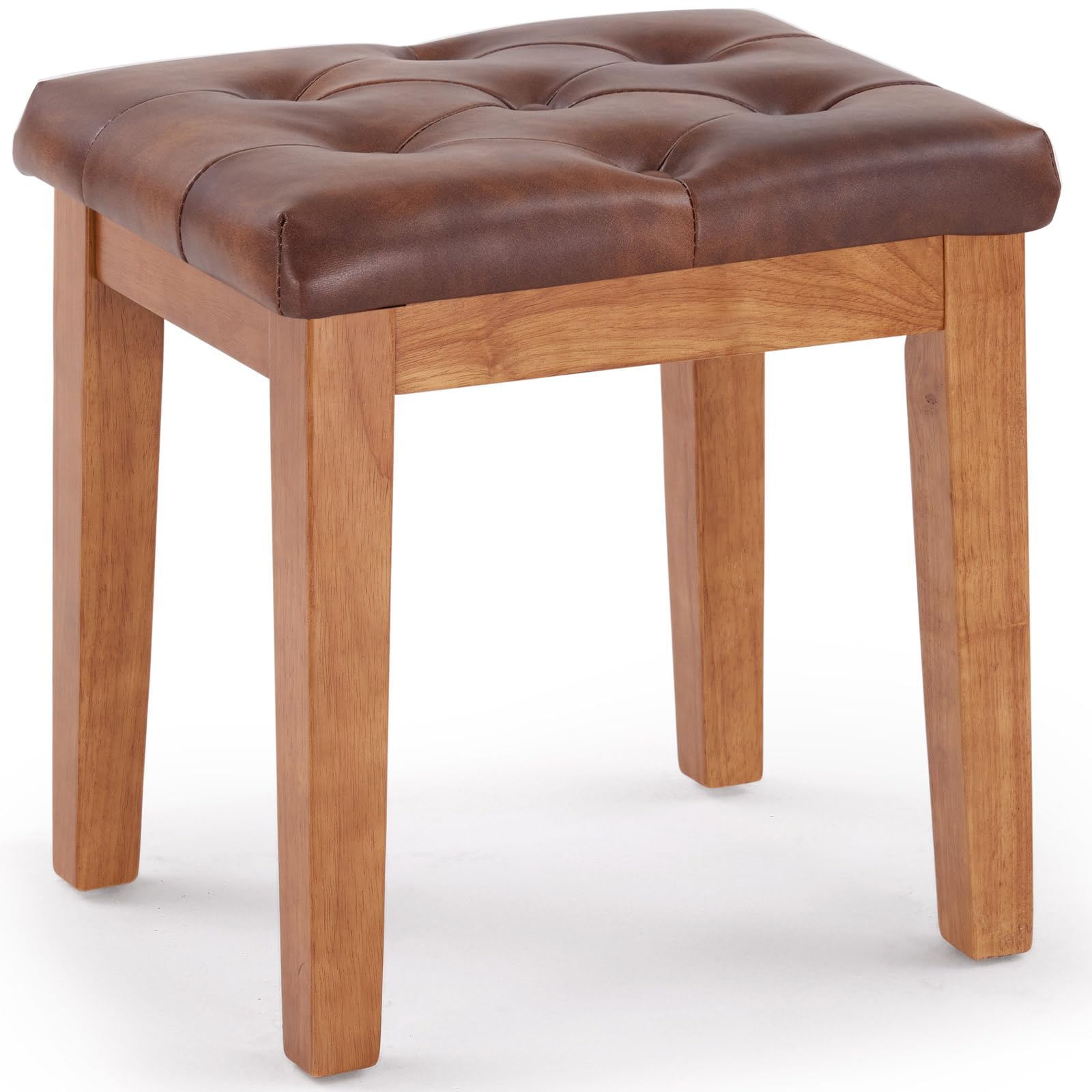 Polsterhocker Schminktisch Hocker Sitzhocker, Gepolstert und Getuftet, Massivholz, für Eingangsbereich, Flur, Wohnzimmer, Kunstleder, Retrobraun, 42 x 32 x 44 cm