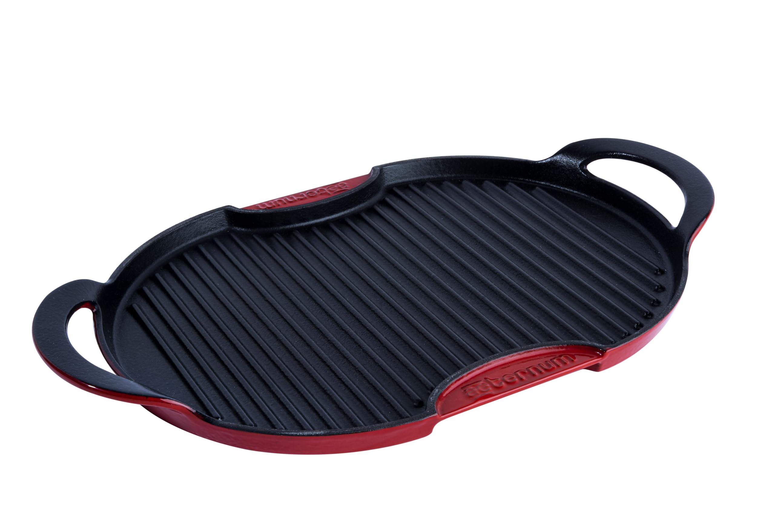Aeternum, Ghisa Viva, Grill in Ghisa Ovale con Base in Legno, Diametro 36x26 cm, Adatto all'Induzione, Adatto al forno, Nero/Rosso, Antiaderente