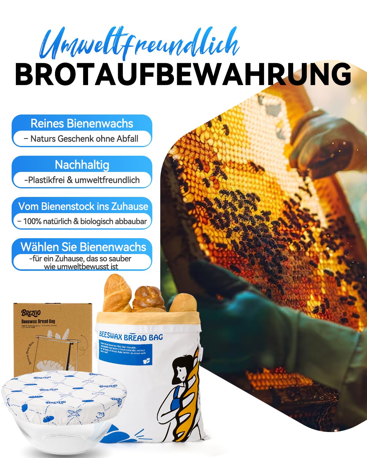 Sacchetto per pane in cera d'api naturale con coperchio a ciotola, riutilizzabile per mantenere fresco il pane a lievitazione naturale – Contenitore per il pane senza plastica (bianco)