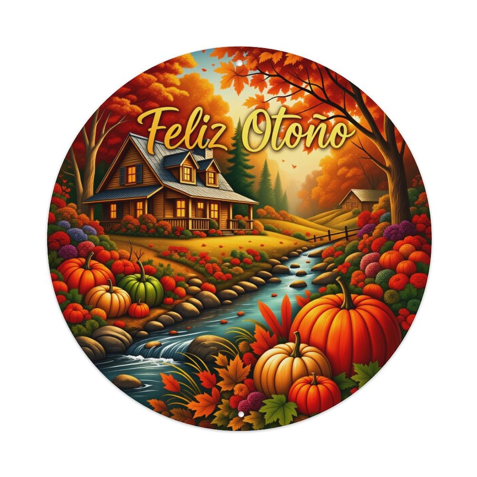 Autumn Cottage Stream Pumpkins Leaves Round Tin Sign Vintage Style Metal Sign Home Bar Garden Wall Plaque Decor Metal Poster 8x8 Inch