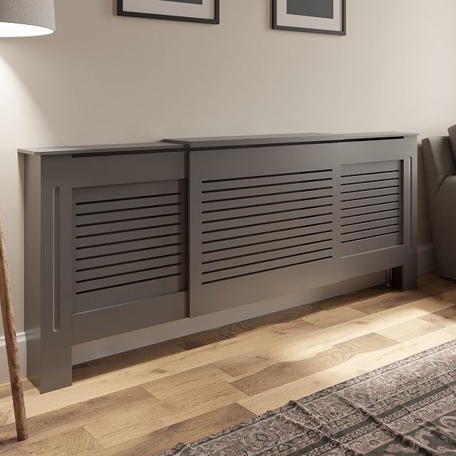 DuraTherm Radiator Cover Grey Modern Painted MDF Cabinet Slats Grill Wood Top Shelf Living Room Bedroom Hallway Cabinets Horizontal Adjustable
