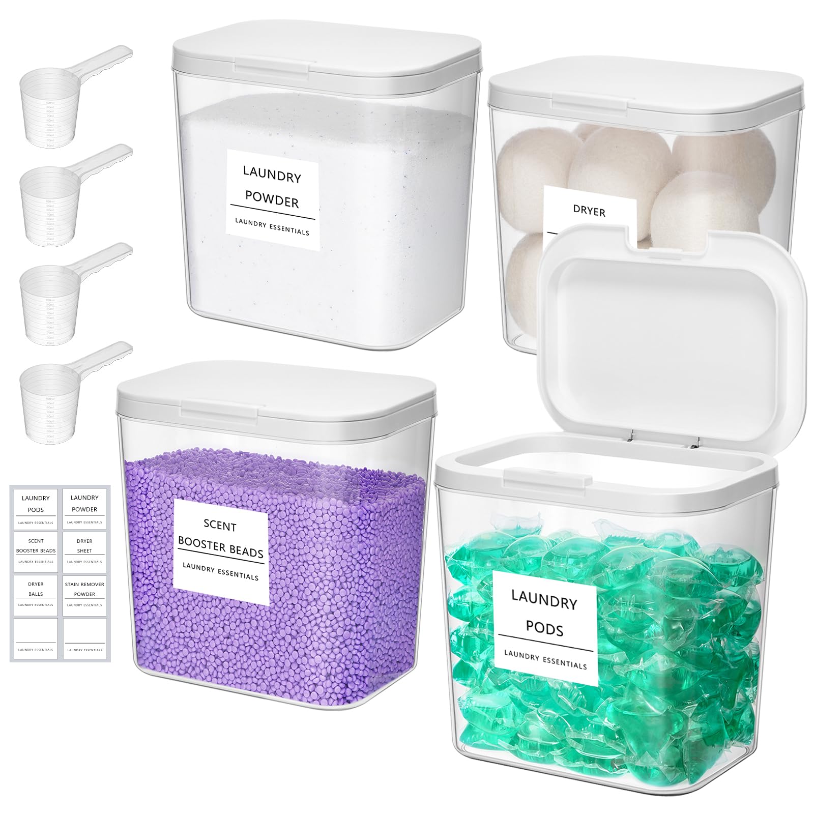 Lifewit 4 Pack Laundry Pods container with Labels and Measuring Scoops, Four 0.72 Gal/92 Oz Laundry Powder Containers with Press-and-Pop Lid, Room Organization and Storage for Booster Beads