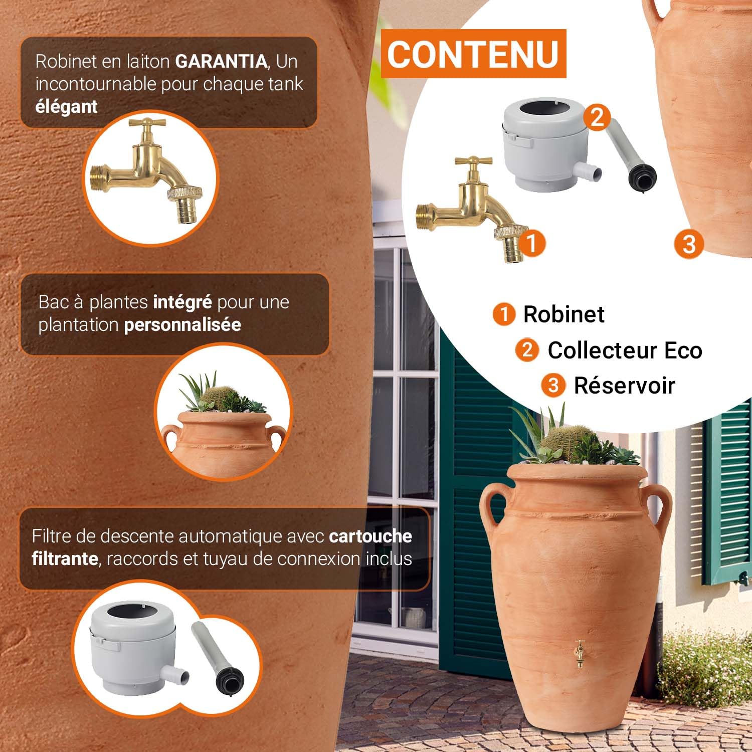 GARANTIA Amphore Antik Recuperateur d Eau de Pluie Kit 250L Terracotta