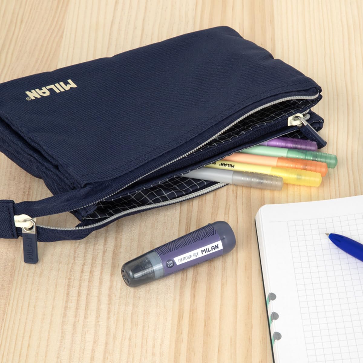 Milan 1918 School Bag Collection 3 Zippers and 5 Compartments Navy Blue 215 x 35 x 125 mm, 21.5 x 12 x 4 cm - Image 2