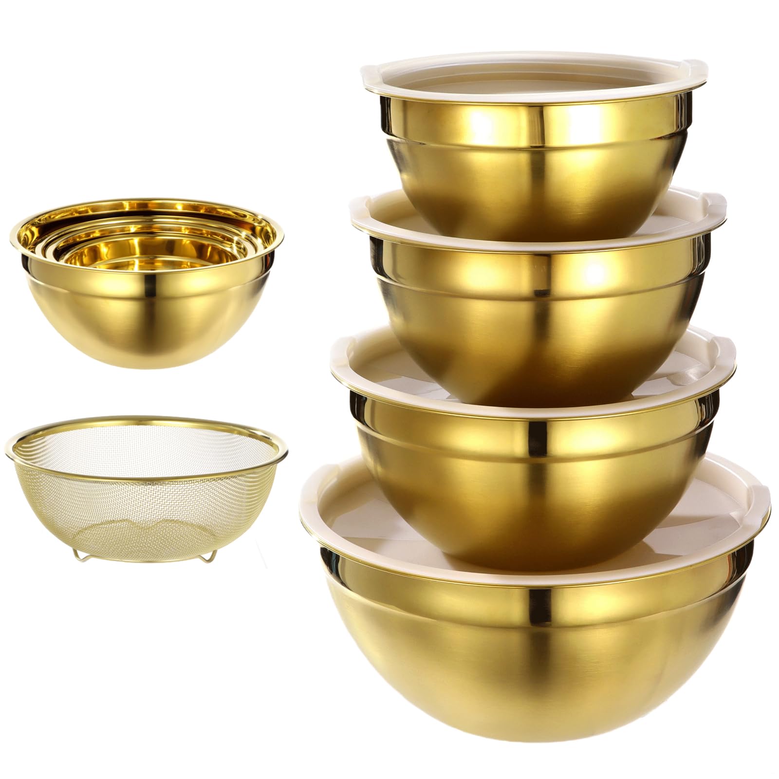 Edelstahl-Rührschüssel-Set, 5-teilig, goldene Salatschüsseln mit Deckel und Sieb, 4 Größen, zum Backen, Vorbereiten von Mahlzeiten und Servieren