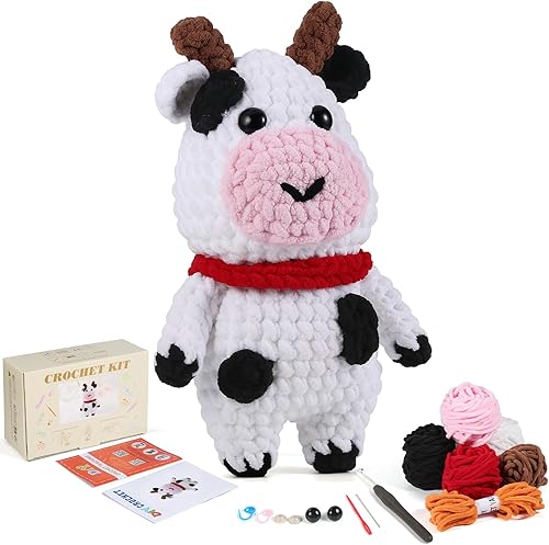 Crochet Animal Kit  10in Big Adorable COW, Amigurumi Crochet Kit For Intermediate Advanced Level, Kids Knitting Kit With Detailed Videos Tutorials, disponible en Yaxa Costa Rica