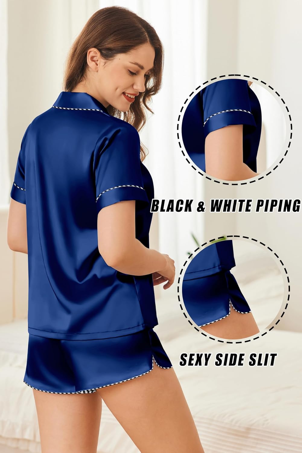 Ekouaer Silk Satin Pajamas Set Short Sleeve Pj Sets Black & White Contrast Piping Pjs Button Down Lounge Sets 2 Piece - Image 4